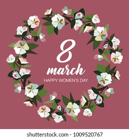 March 8 greeting card with floral wreath. Vector background for International Women's Day.