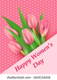 March 8 greeting card, , Happy Women's Day poster, realistic pink tulips. delicate pink postcard. vector illustration