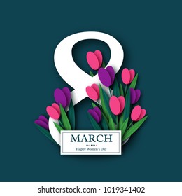 March 8 greeting card for International Womans Day. Paper cut tulips. Vector illustration.