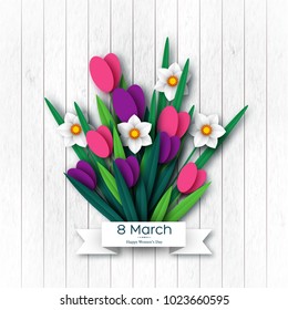 March 8 greeting card for International Womans Day. Paper cut tulips and narcissus, wood texture background. Vector illustration.