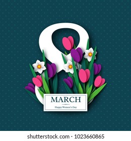 March 8 greeting card for International Womans Day. Paper cut tulips and narcissus . Vector illustration.