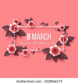 March 8 greeting card for International Womans Day. Paper cut flowers, holiday background. Vector illustration.