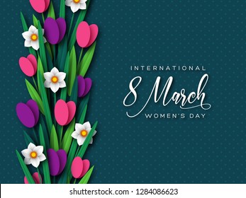 March 8 greeting card for International Womens Day. Paper cut tulips and narcissus on dark spotted background. Vector illustration.