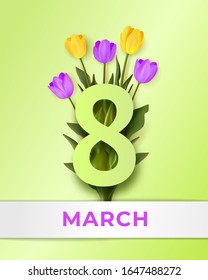 March 8 greeting card. International Women's Day banner. Realistic bouquet of pink and yellow tulips with bold green number 8 in paper cut style. Love, women, femininity concept. Vector illustration