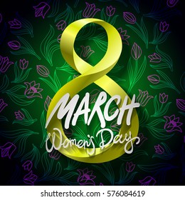 March 8 greeting card. International Womans Day. vector. black background art