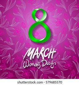 March 8 greeting card. International Womans Day. vector. pink background. flower tulip art