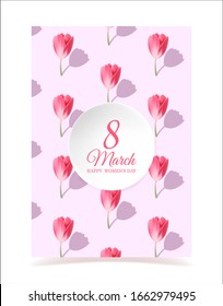 March 8 greeting card. Postcard for the International Women's Day. Trend 3d style. Vector illustration with realistic tulips with shadows on a pink background.   