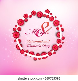 March 8 greeting card round frame with flowers