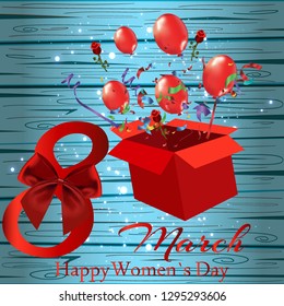 March 8 greeting card template. Women's holiday. Greeting card with flowers, bouquet of roses. Otkritka for your illustration.