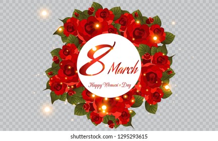 March 8 greeting card template. Women's holiday. Greeting card with flowers, bouquet of roses. Otkritka for your illustration.