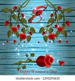 March 8 greeting card template. Women's holiday. Greeting card with flowers, bouquet of roses. Otkritka for your illustration.