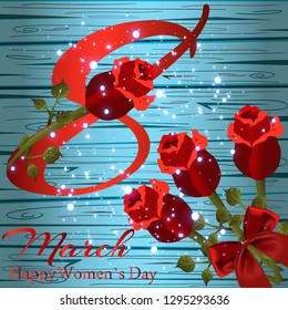 March 8 greeting card template. Women's holiday. Greeting card with flowers, bouquet of roses. Otkritka for your illustration.