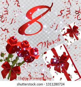 March 8 greeting card template. Women's holiday. Greeting card with flowers, bouquet of roses. Otkritka for your illustration.