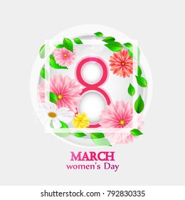March 8 greeting card template design. Spring flowers in a frame