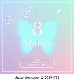 March 8 greeting card y2k style. Modern minimalistic linear aesthetic elements and gradient background.