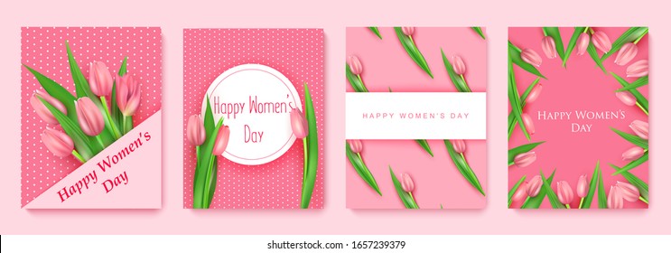 March 8 greeting cards set, Happy Women's Day poster, polka dot background, and realistic pink tulips. delicate pink postcards. vector illustration