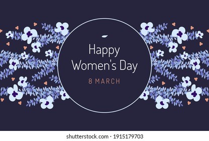 From March 8, greeting horizontal card or banner with international women's day. Flat vector illustration