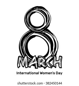 March 8. Hand drawn scribble lettering. International Women's Day. Black inscription isolated on a white background. Vector design element for Women Day.