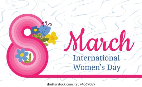 March 8, Happy International Women's Day greeting card. Striped number 8 design with flowers.