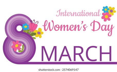 March 8, Happy International Women's Day greeting card. Striped number 8 design with flowers.