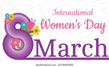 March 8, Happy International Women's Day greeting card. Striped number 8 design with flowers.