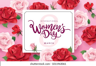 March 8, Happy Women's Day design with lettering and roses background