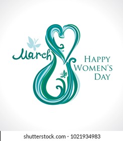 March 8. Happy Women's Day card. Illustration with lettering and butterflies.