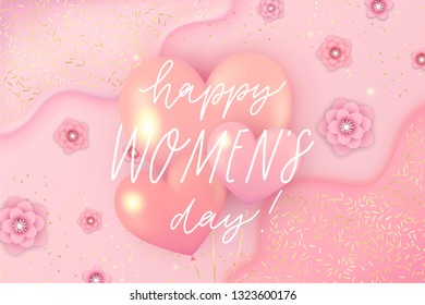 March 8, Happy Women's Day card template with hand drawn lettering. Realistic abstract background, poster, banner concept for woman holiday. vector illustrations backdrop