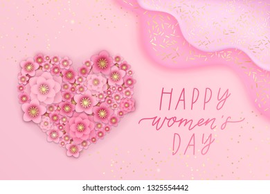 March 8, Happy Women's Day card template with hand drawn lettering. Realistic abstract background, poster, banner concept for woman holiday. Vector illustrations concept with flower