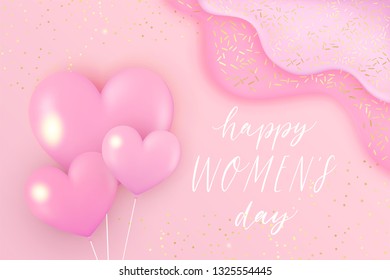 March 8, Happy Women's Day card template with hand drawn lettering. Realistic abstract background, poster, banner concept for woman holiday. Vector illustrations concept with flower