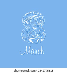 March 8, Happy Womens Day elegant congrats. White paper cut number and calligraphic text. Isolated abstract graphic design template. Decorative symbol, simple decoration art idea in minimalism style.