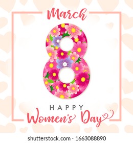 March 8, Happy Womens Day elegant congrats. Lovely pink background, cut white number, calligraphic text. Isolated abstract graphic design template. Decorative bright 3D symbol and basket of flowers.