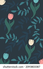March 8. Happy Women's Day. Postcard design with hand drawn floral tulip ornament. A colorful background with flowers is a great option for a postcard. Vector graphics 