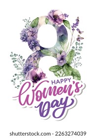 March 8 Happy Women's day greeting card watercolor flowers lettering greeting card. Vector illustration