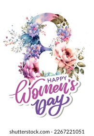 March 8 Happy Women's day greeting card watercolor flowers lettering greeting card. Vector illustration