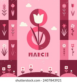 March 8, Happy Women's Day retro, vintage vector square greeting card. Simple spring stylized flowers, sky with clouds. Flat minimalist geometric style illustration. Removable grain texture. 