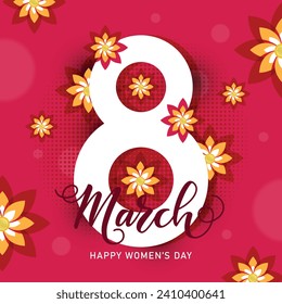 March 8 happy women's day vector banner design with flowers elements and text in pink background for international women's day celebration