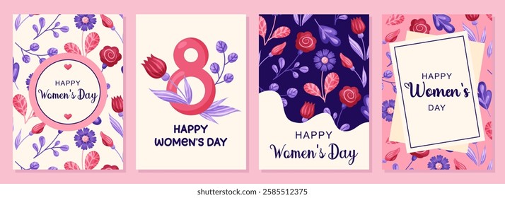 March 8 Happy Women's Day Cards collection with flowers. 4 Simple cute greeting card in pink and purple tones. Vector illustration.