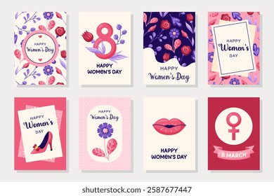 March 8 Happy Women's Day Cards collection with flowers. 8 Simple cute greeting card in pink tones. Vector illustration.