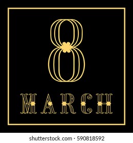 March 8 happy womens day. Elegant greeting card template for women or mother's day. Flower holiday background. Square Frame, space for text, contour on black. Vector illustration EPS10.