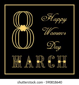 March 8 happy womens day. Elegant greeting card template for women or mother's day. Flower holiday background. Square Frame, space for text, contour on black. Vector illustration EPS10.