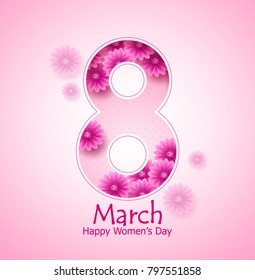 March 8 happy women's day vector banner design with flowers elements and text in pink background for international women's day celebration. Vector illustration.
