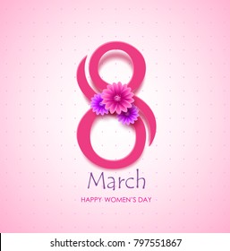 March 8 happy women's day text vector banner design with flowers elements  in pink pattern background for international women's day celebration. Vector illustration.
