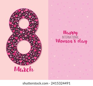 March 8 holiday design with abstract pattern of flowers, stars, dots, hearts. Greeting card with confetti in pink shades for international women's day