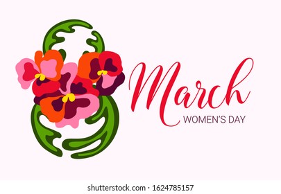 March 8 horizontal background with flowers. International Women's Day design. Paper cut style greeting card. Vector illustration
