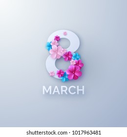 March 8. International Women Day. Vector spring holiday illustration. Paper cutout number eight with colorful flower garland. Origami style banner. Feminism concept. Floral decoration