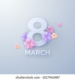 March 8. International Women Day. Vector spring holiday illustration. Paper cutout number eight with colorful flowers. Papercut style banner. Feminism concept. Floral decoration