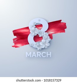 March 8. International Women Day. Vector spring holiday illustration. Paper cutout number eight with white flower garland on red paint background. Origami style banner. Feminism concept.