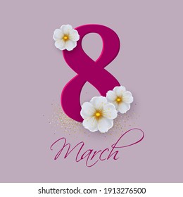March 8. International Women Day. Vector spring holiday illustration. Paper cutout number eight with colorful flower garland. Origami style banner. Floral decoration