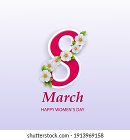 March 8. International Women Day. Vector spring holiday illustration. Paper cutout number eight with colorful flower garland. Origami style banner. Floral decoration